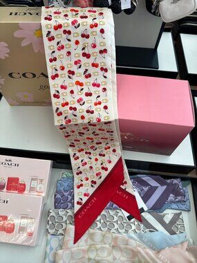 NWT! Coach CDG77 Sculpted C Cherries Print Silk Wide Skinny Scarf In Chalk Red
